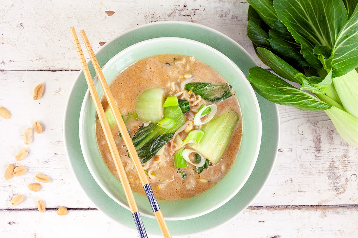 Peanut noodle soup with bok choy (filling soup)