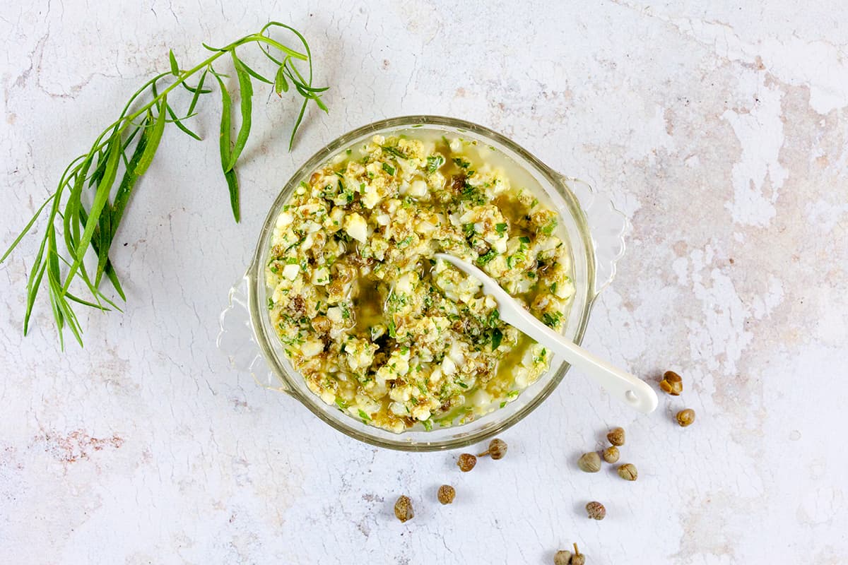 Sauce gribiche (sauce made with boiled egg)