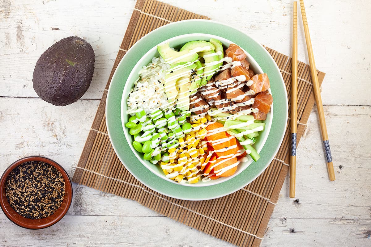 Salmon and avocado poké bowl