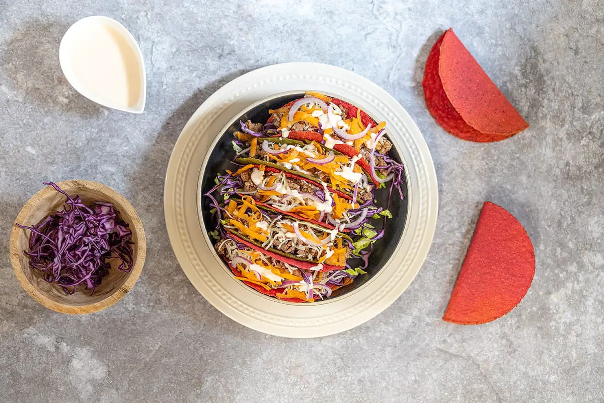 Minced lamb tacos and red cabbage