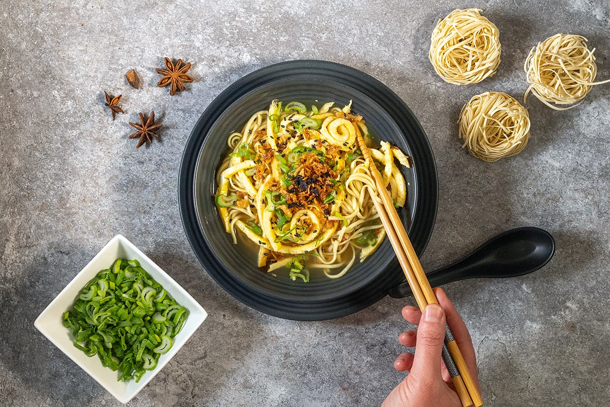 Chinese noodle soup - served with omelet strips