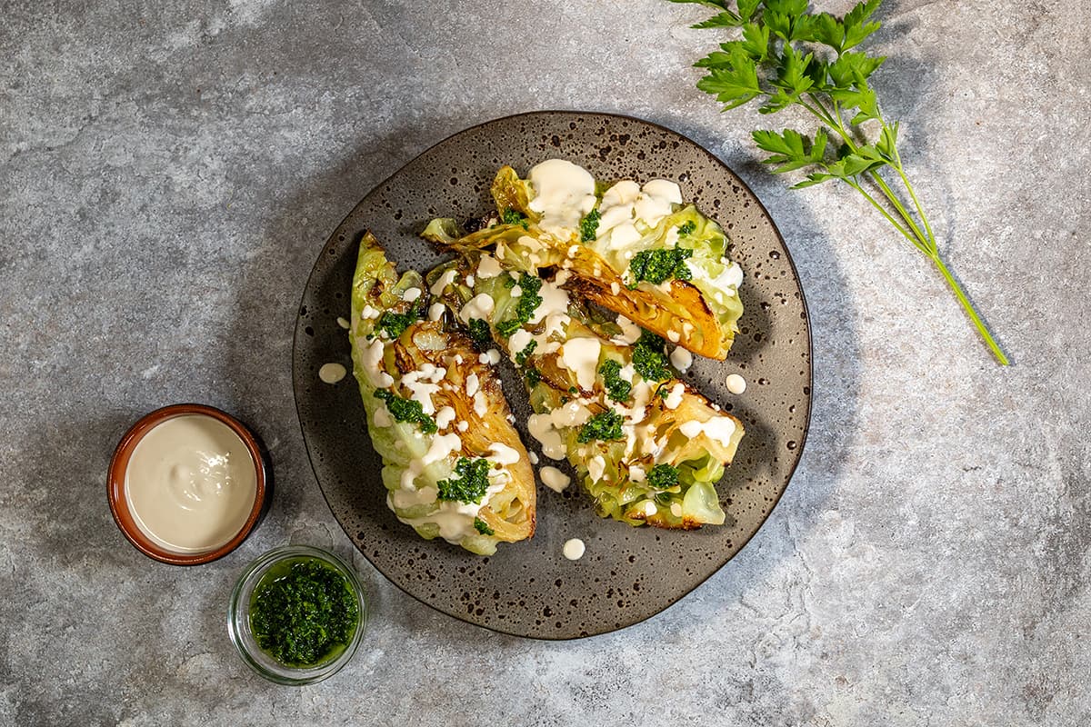 Pan-fried hispi cabbage with tahini sauce - an amazing side dish