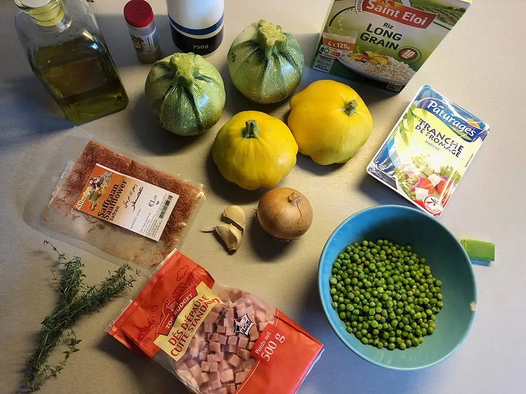 Rice and peas stuffed zucchini ingredients