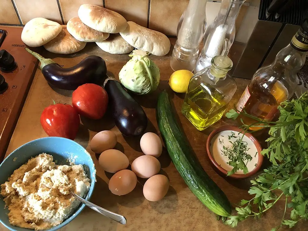 Sabich - pitas with eggplant and egg ingredients