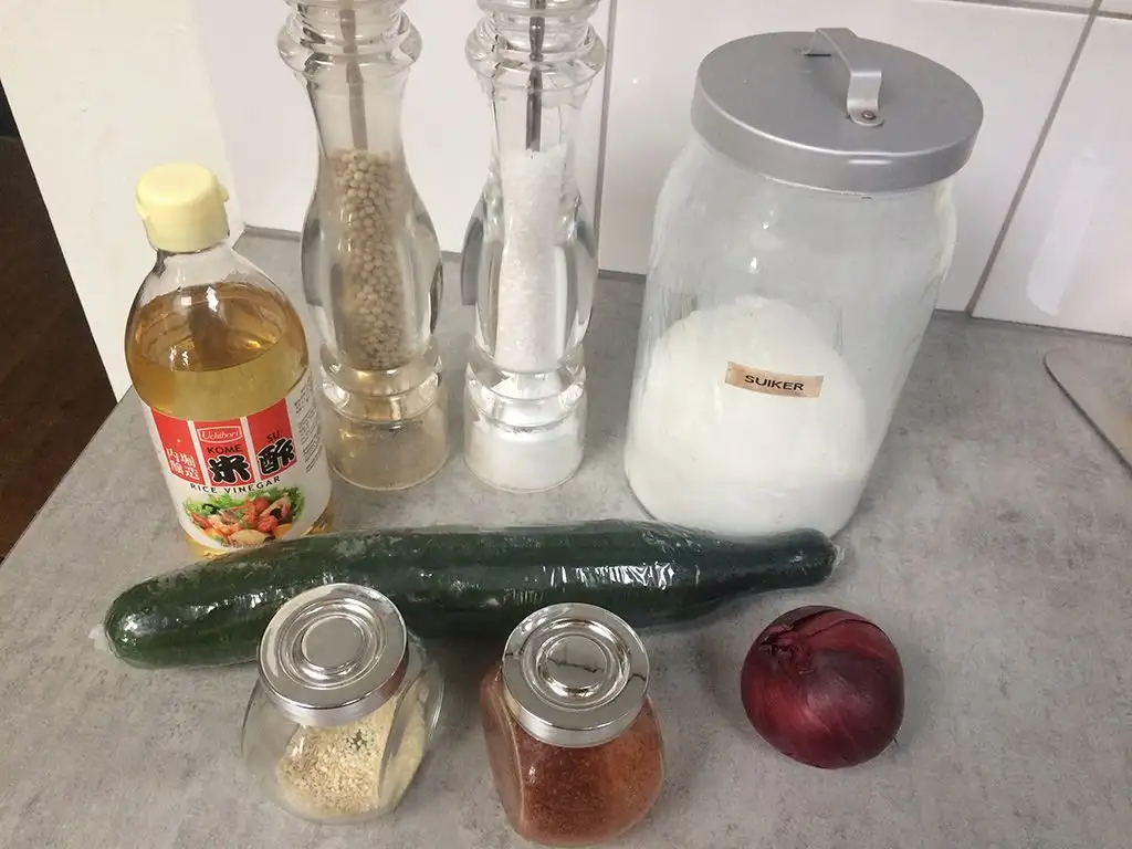 Cucumber and red onion salad ingredients