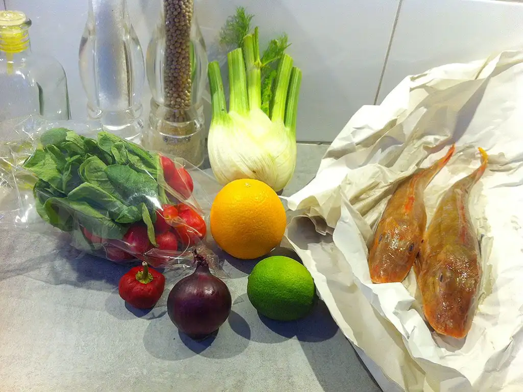 Pan-fried gurnard salad ingredients