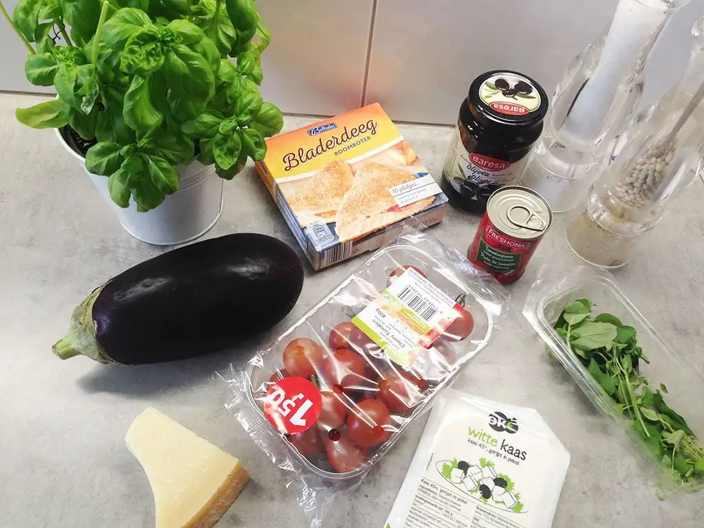 Eggplant and basil puff pastry tart ingredients
