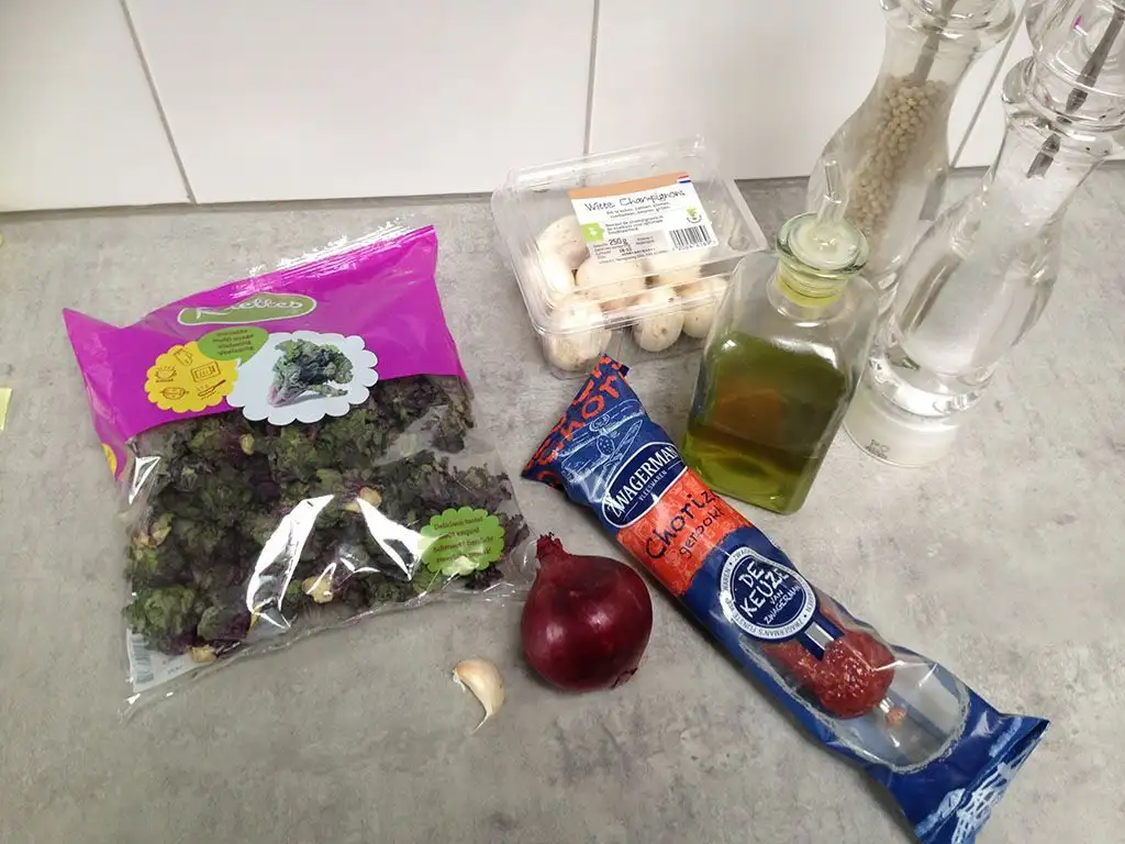 Flower sprouts with chorizo ingredients