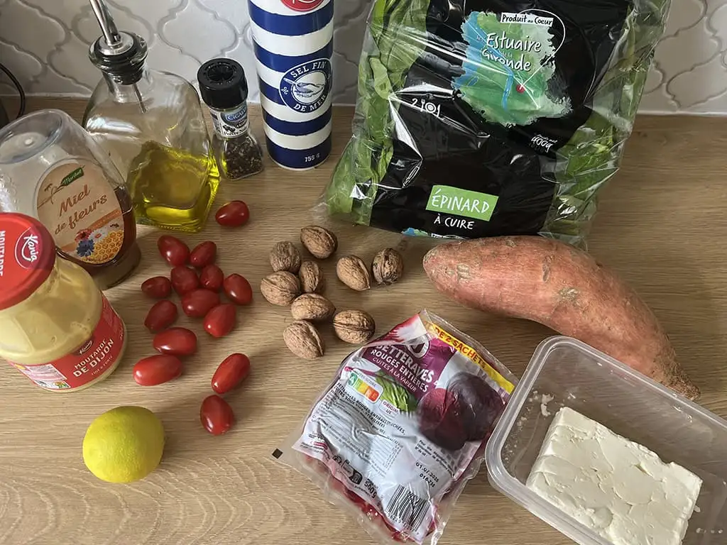 Spinach and sweet potato salad ingredients