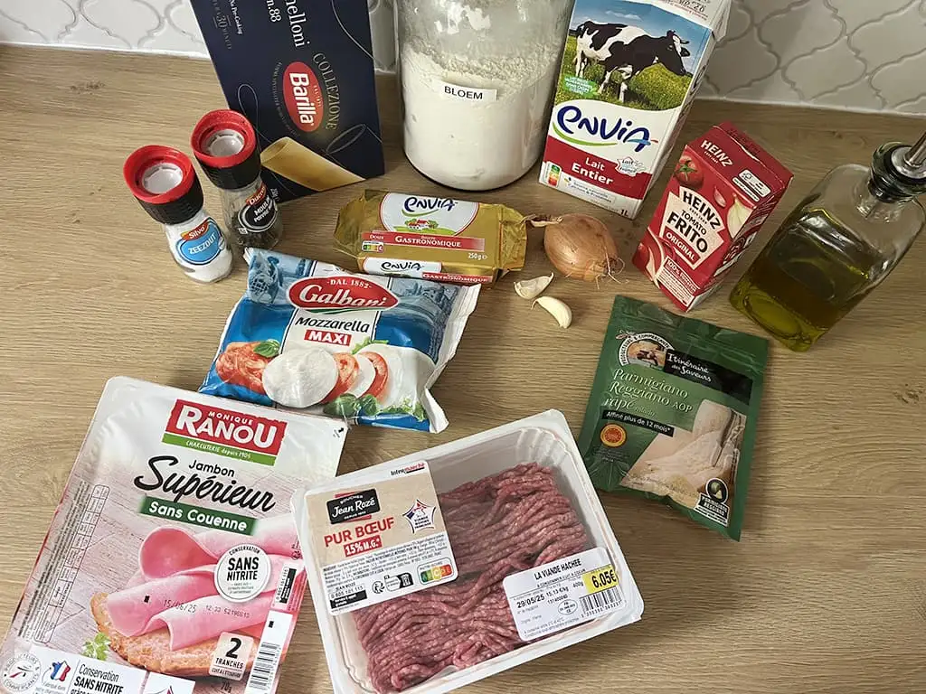 Beef cannelloni with mozzarella ingredients