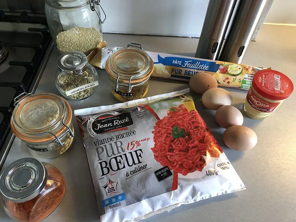 Ground beef and egg Wellington ingredients