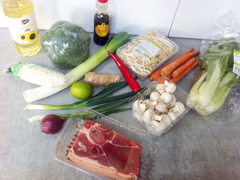 Asian pork and vegetable soup ingredients