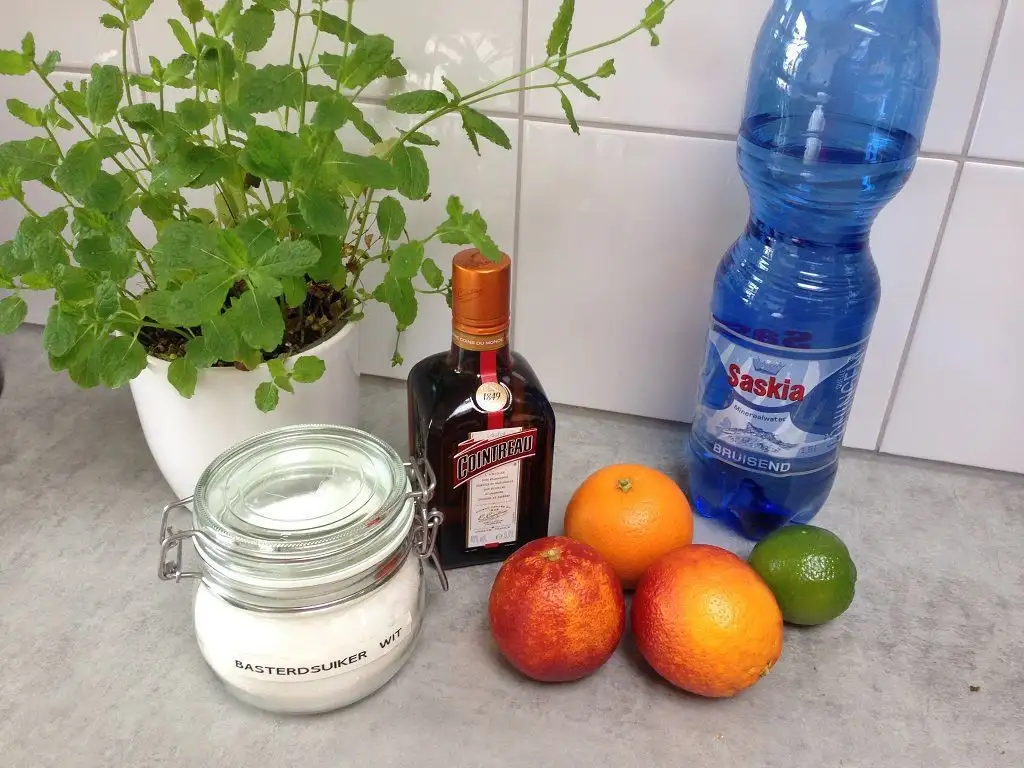 Sparkling blood orange and Cointreau cocktail ingredients