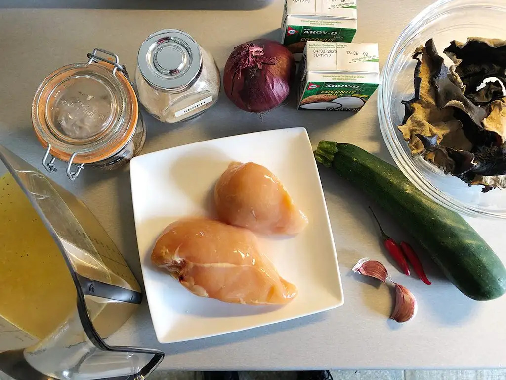 Spicy coconut and black mushroom soup ingredients