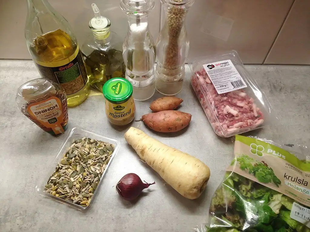 Autumn salad with warm coarse mustard dressing ingredients