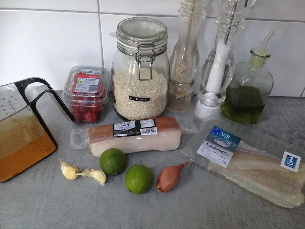 Bacon-wrapped cod with lime risotto ingredients