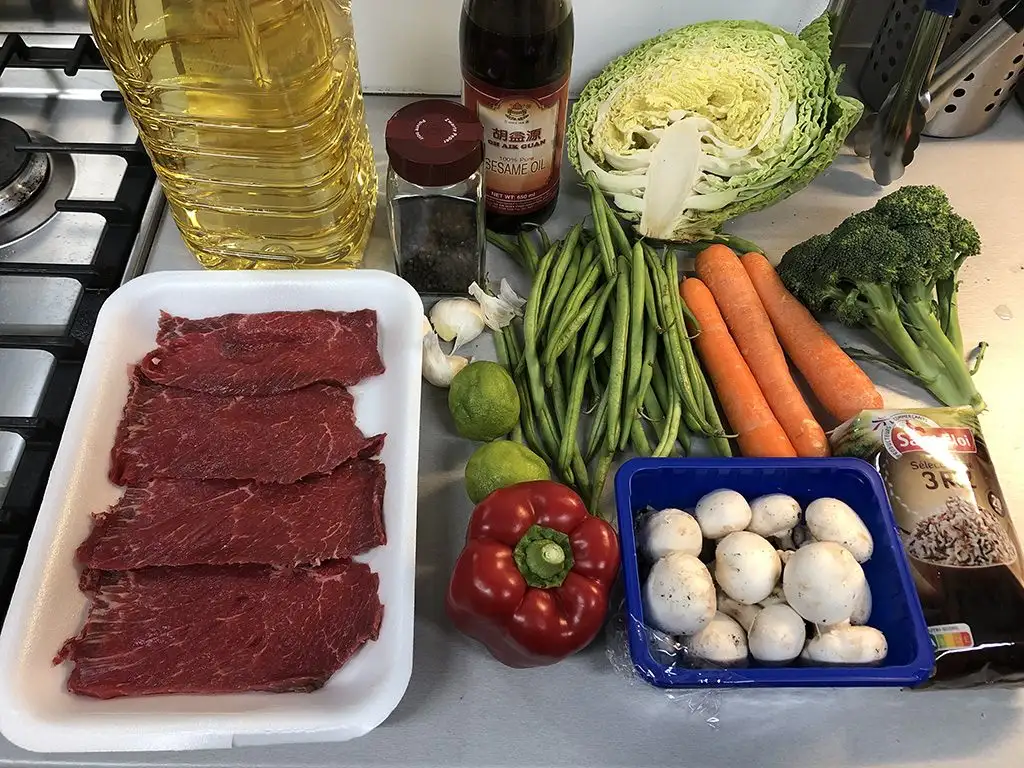 Black pepper and lime beef stir-fry ingredients