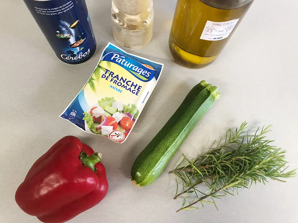 Barbecue veggie kebabs with feta and rosemary ingredients