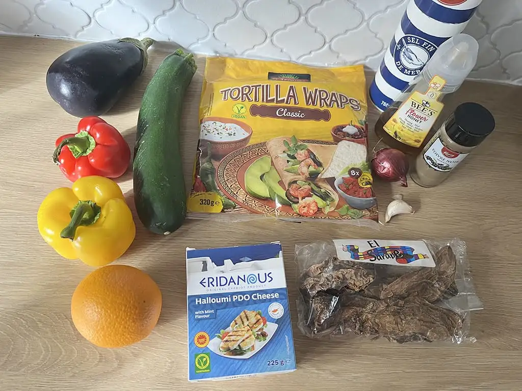 Grilled halloumi and vegetable wraps ingredients