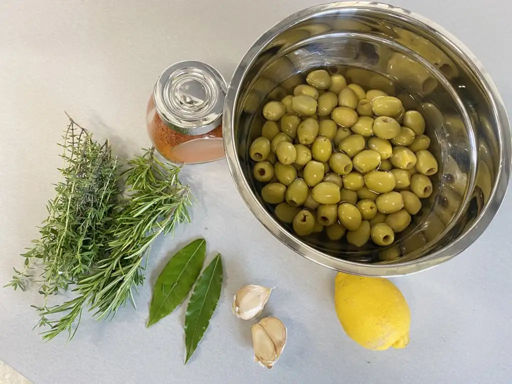 Homemade marinated olives ingredients