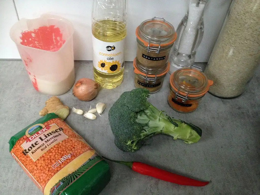 Vegetarian red lentils and broccoli curry ingredients