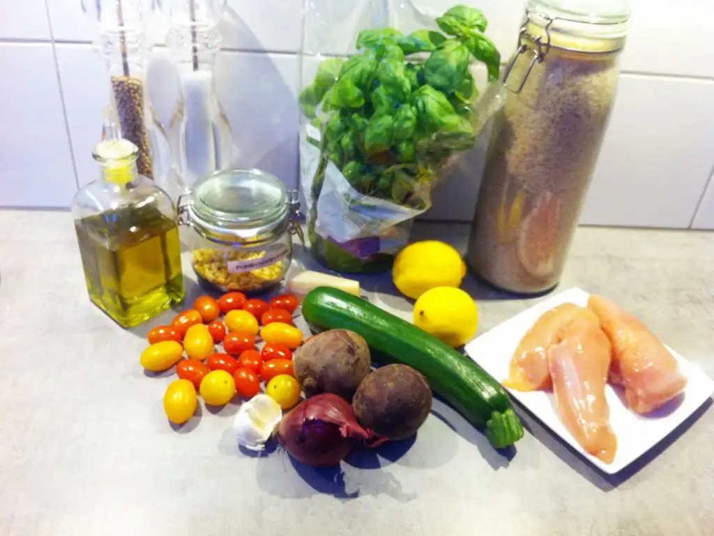Lemon chicken with rice and pesto ingredients