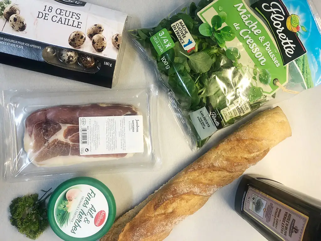 Ham and quail egg bruschetta ingredients