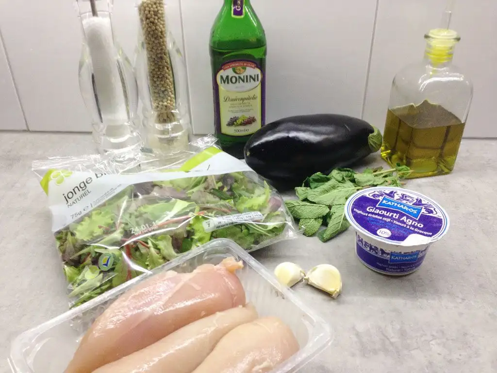 Chicken and roasted aubergine salad ingredients