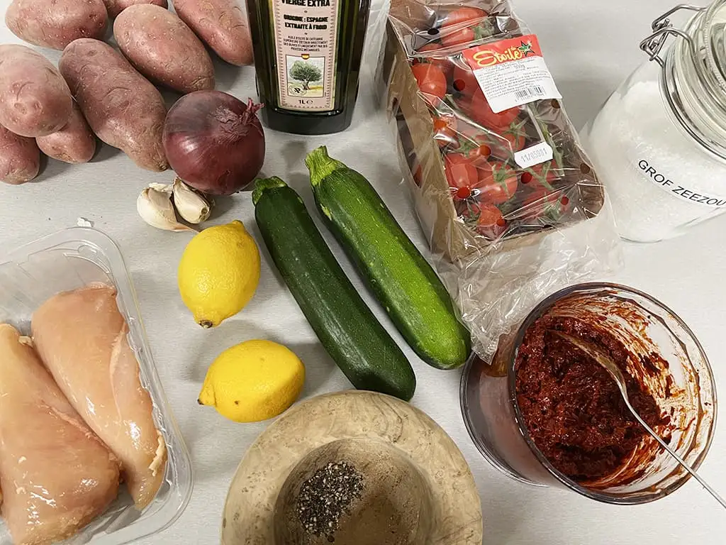 Chicken and courgette traybake ingredients