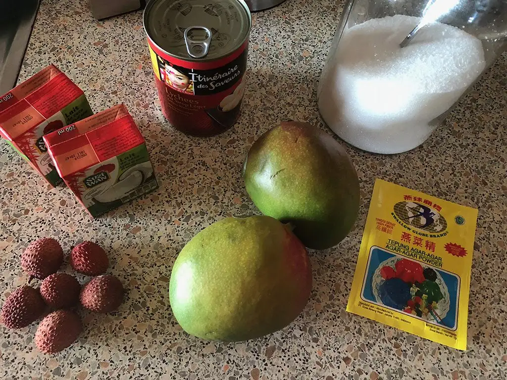 Coconut-lychee pudding with mango ingredients