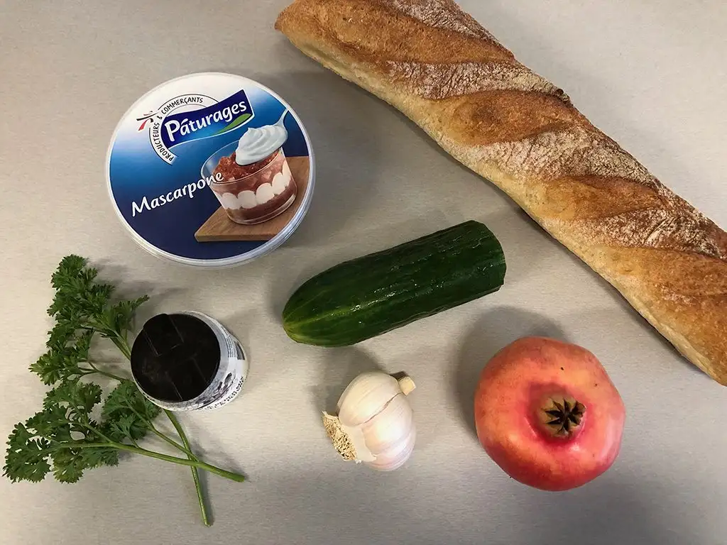 Pomegranate and mascarpone bruschetta ingredients