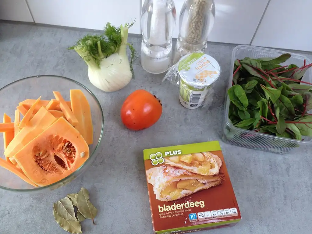 Pumpkin and fennel puff pastry tart ingredients