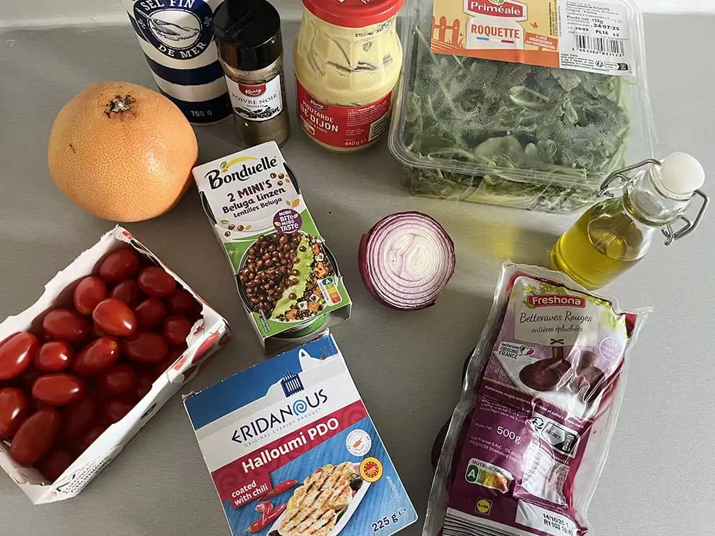 Grilled halloumi lentil salad ingredients