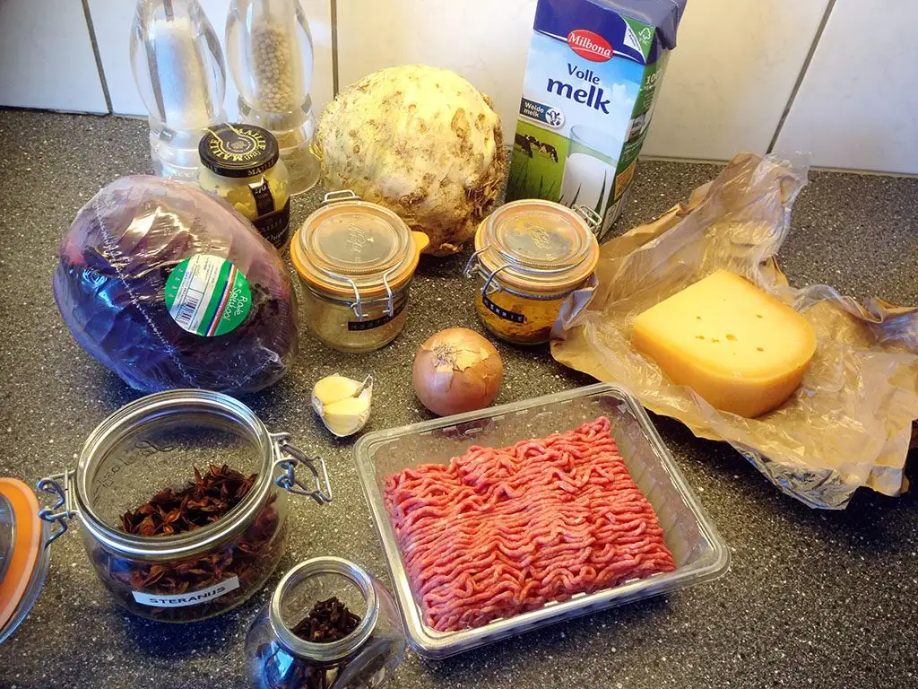 Oxheart cabbage, ground beef and celery root casserole ingredients