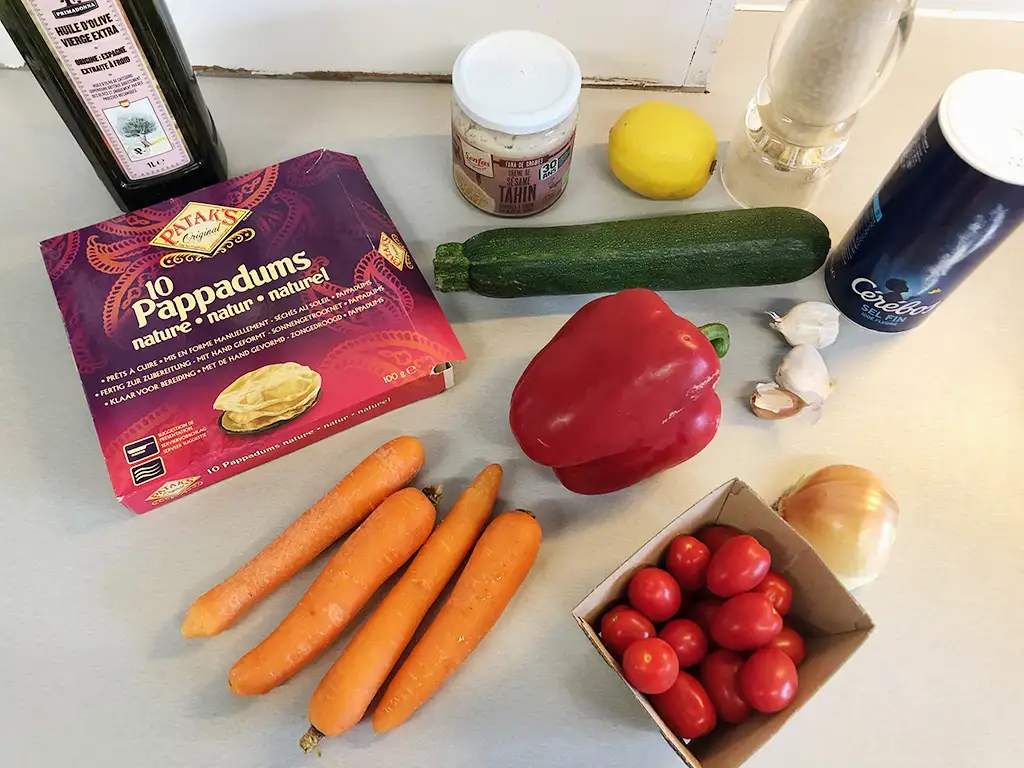 Roasted vegetables and tahini sauce poppadoms ingredients