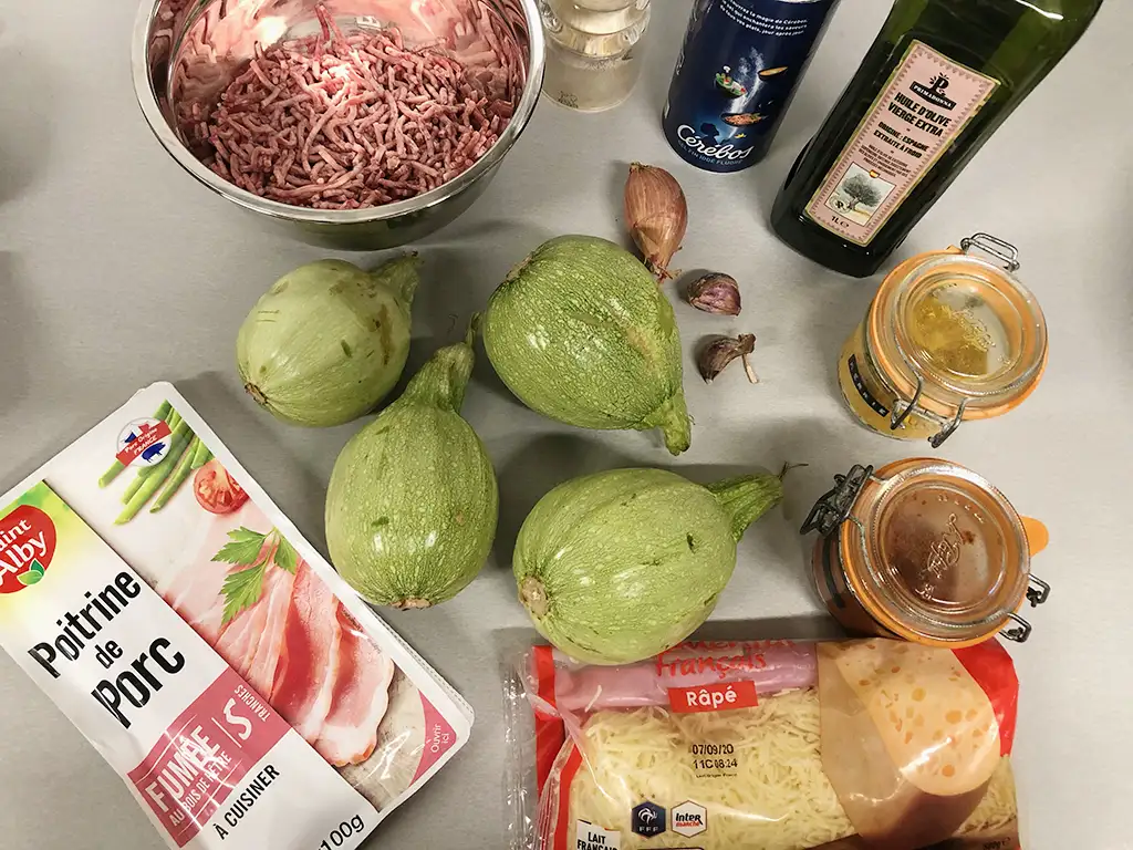 Beef stuffed zucchini with cheese and bacon ingredients