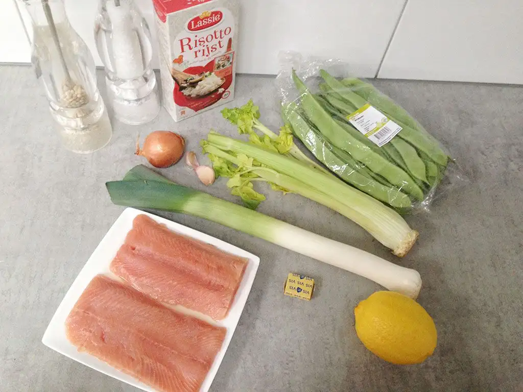 Salmon and flat bean risotto ingredients