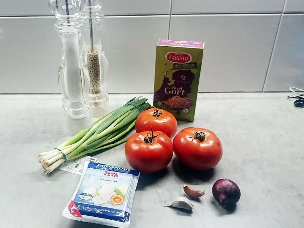 Stuffed beefsteak tomato with feta cheese ingredients