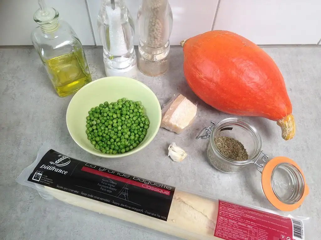 Pumpkin and peas bruschetta ingredients