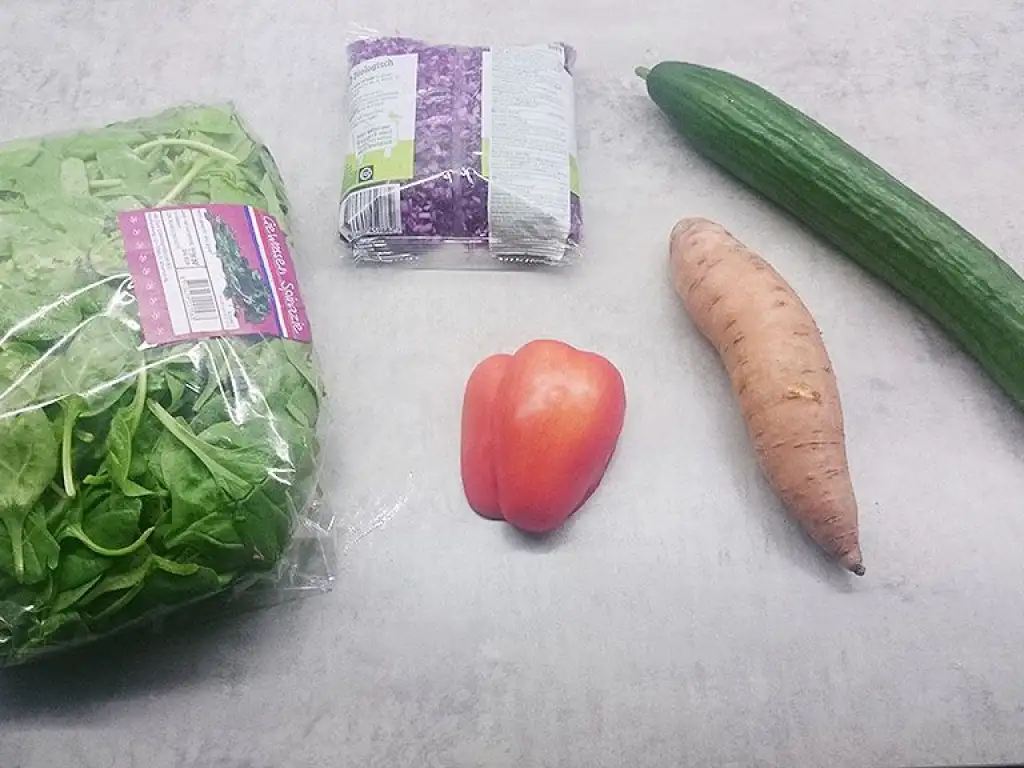 Hummus and baked sweet potato salad ingredients