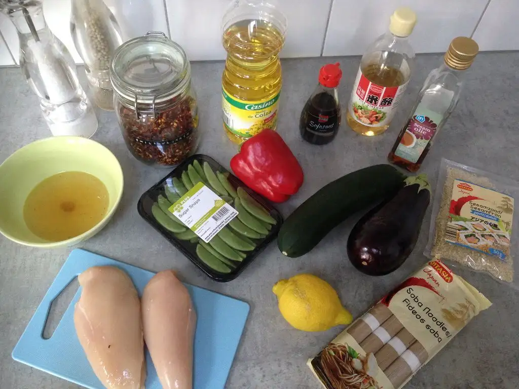 Sesame chicken and vegetable stir fry ingredients