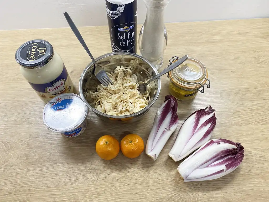 Chicory boats with curried chicken salad ingredients