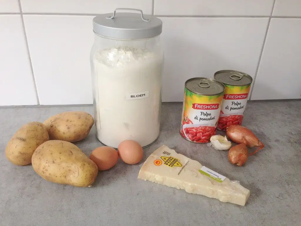 Homemade gnocchi with tomato sauce ingredients