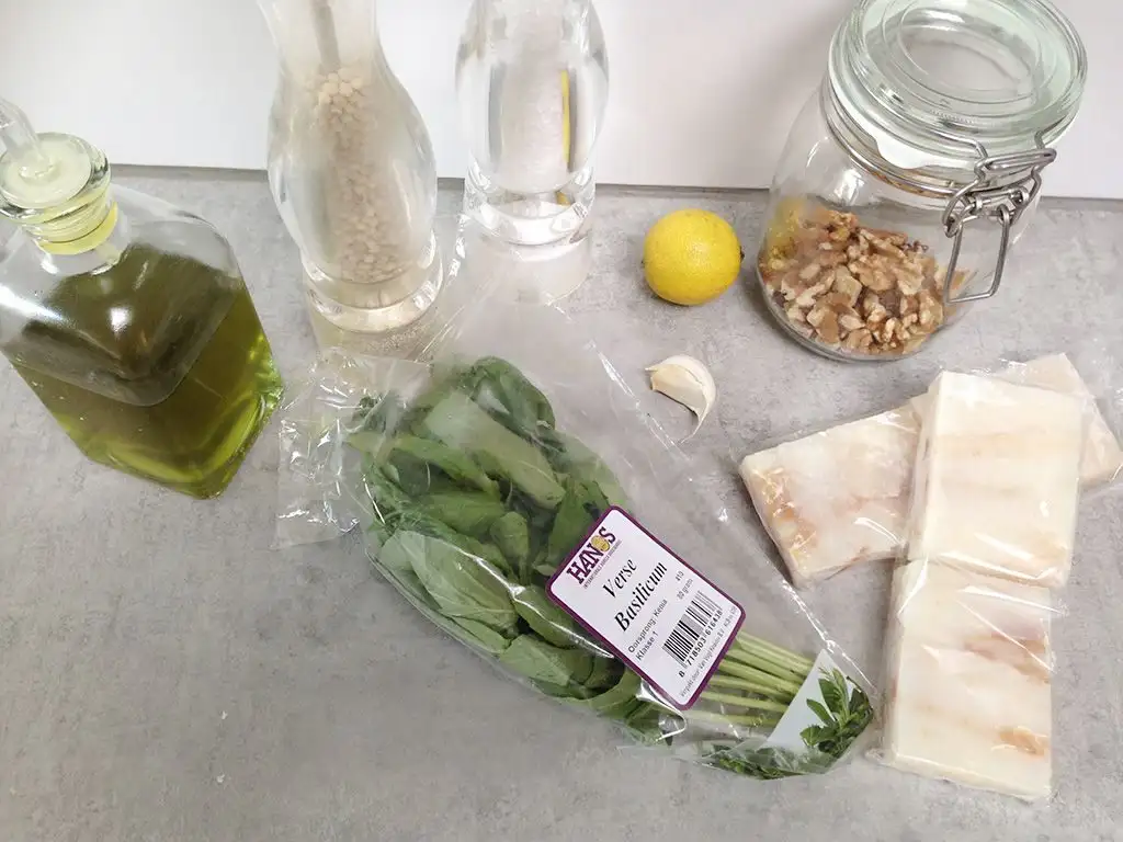 Barbecued cod with walnut pesto ingredients