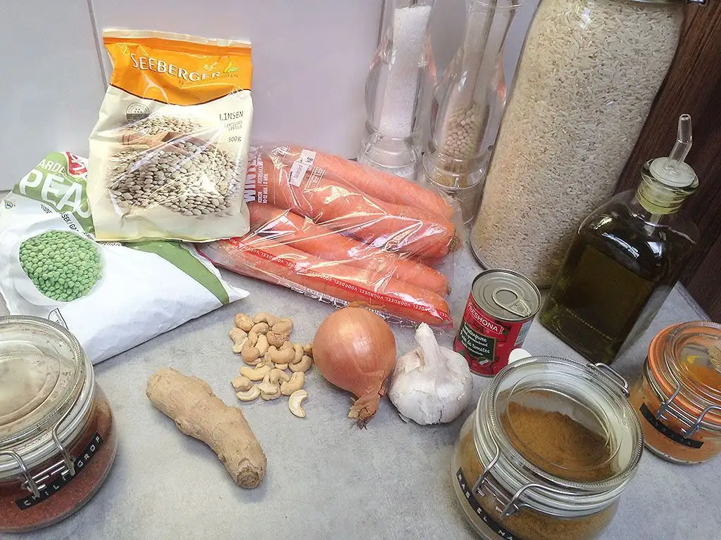 Vegetarian carrot and lentil stew ingredients