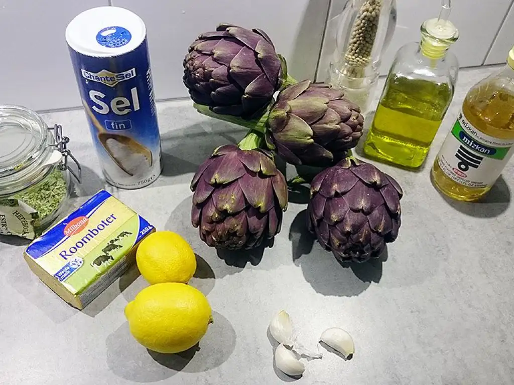 Grilled artichokes and stems with lemon butter sauce ingredients