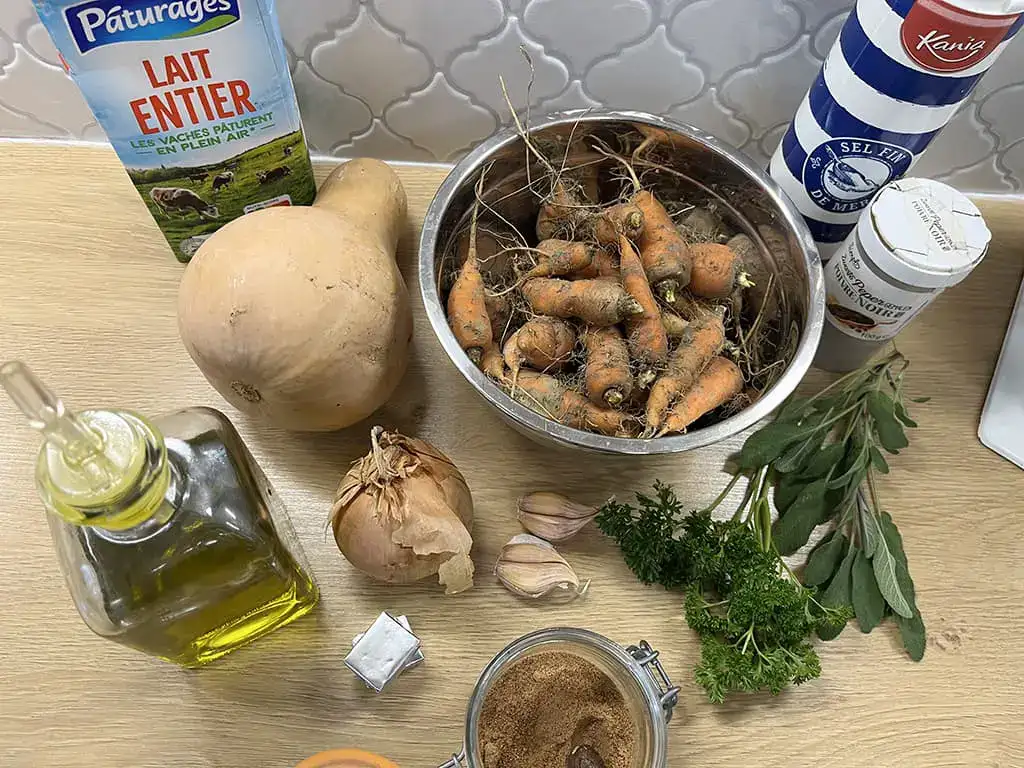 Pumpkin and carrot soup ingredients