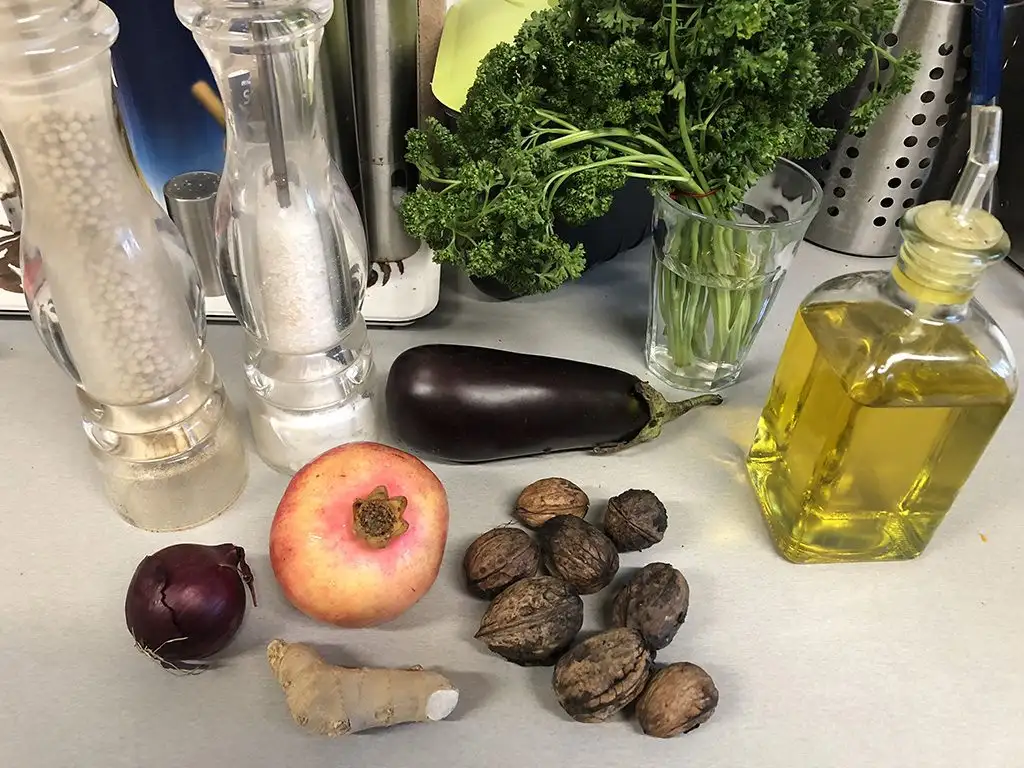 Pomegranate, eggplant and pearl couscous salad ingredients