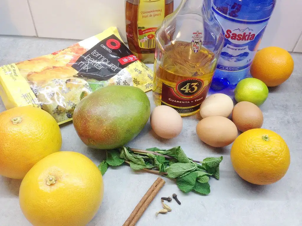 Mango tempura with citrus sabayon ingredients