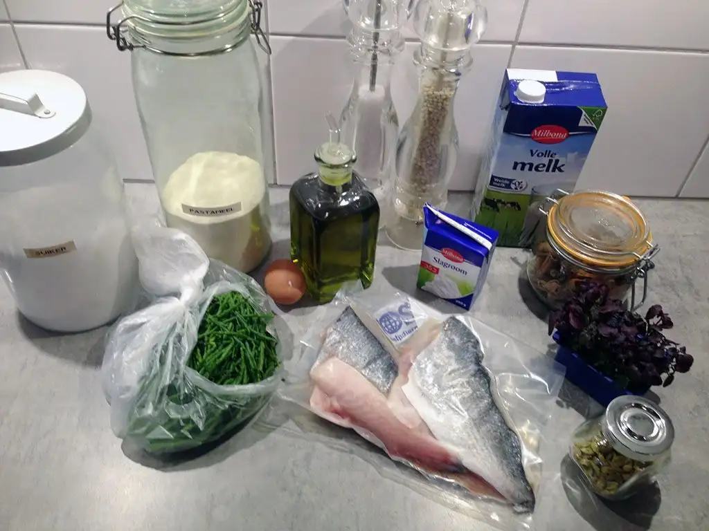 Sea bream with fresh pasta and samphire ingredients